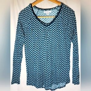 Liz Claiborne Womens Casual Shirt Blue Geometric Long Sleeve Scoop Neck Trim Med